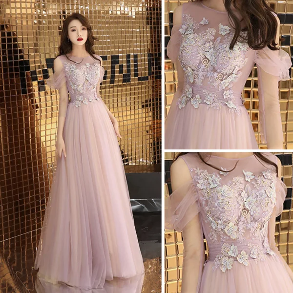 Classy Blushing Pink Evening Dresses 2019 A-Line / Princess Square Neckline Short Sleeve Appliques Lace Pearl Rhinestone Floor-Length / Long Ruffle Backless Formal Dresses