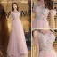 Classy Blushing Pink Evening Dresses  2019 A-Line / Princess Square Neckline Short Sleeve Appliques Lace Pearl Rhinestone Floor-Length / Long Ruffle Backless Formal Dresses