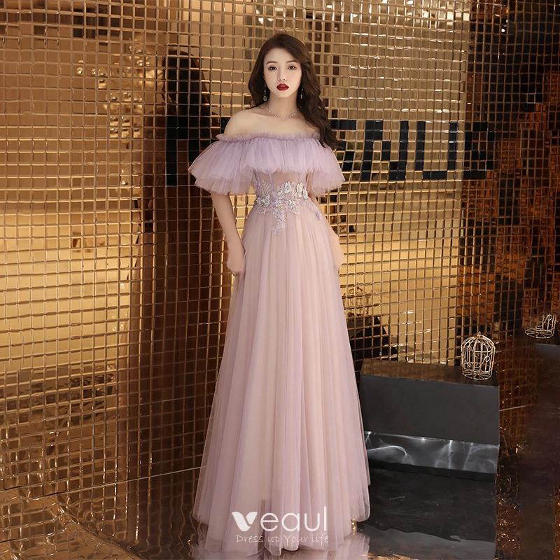 Classy Blushing Pink See through Evening Dresses 2019 A Line Princess Off The Shoulder Short Sleeve Appliques Lace Rhinestone Floor Length Long Ruffle Backless Formal Dresses Spring