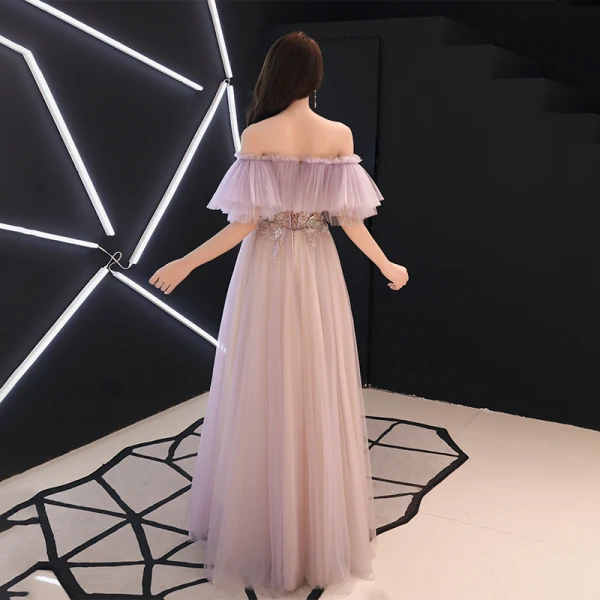 Chic Rougissant Rose Transparentes Robe De Soirée 2019 Princesse De l'épaule Manches Courtes Appliques En Dentelle Faux Diamant Longue Volants Dos Nu Robe De Ceremonie Printemps