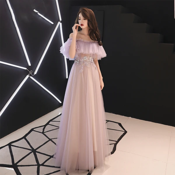 Chic Rougissant Rose Transparentes Robe De Soirée 2019 Princesse De l'épaule Manches Courtes Appliques En Dentelle Faux Diamant Longue Volants Dos Nu Robe De Ceremonie Printemps