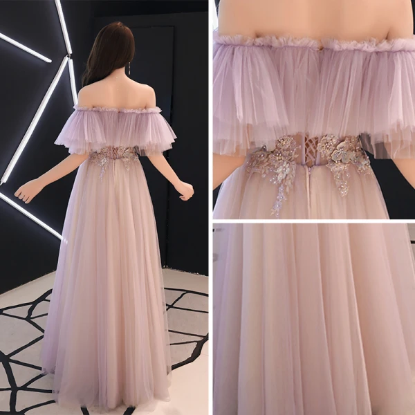 Chic Rougissant Rose Transparentes Robe De Soirée 2019 Princesse De l'épaule Manches Courtes Appliques En Dentelle Faux Diamant Longue Volants Dos Nu Robe De Ceremonie Printemps