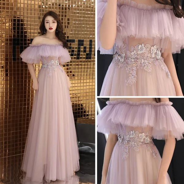 Chic Rougissant Rose Transparentes Robe De Soirée 2019 Princesse De l'épaule Manches Courtes Appliques En Dentelle Faux Diamant Longue Volants Dos Nu Robe De Ceremonie Printemps