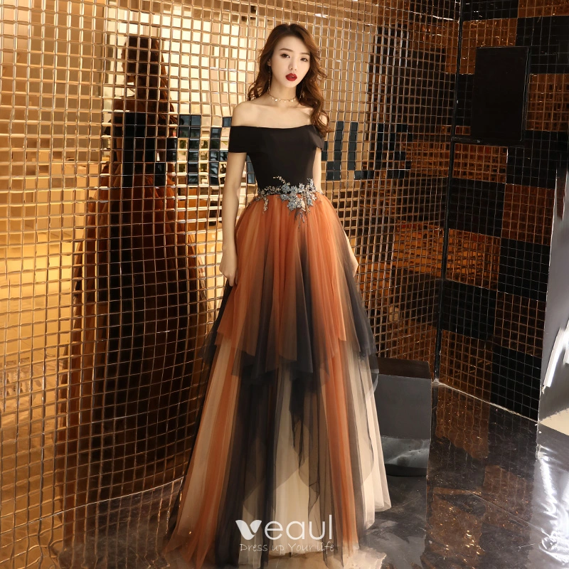 Colored Multi-Colors Evening Dresses 2019 A-Line / Princess Off-The-Shoulder Short Sleeve Appliques Lace Beading Floor-Length / Long Ruffle Backless Colored Multi-Colors Evening Dresses 2019 A-Line / Princess Off-The-Shoulder Short Sleeve Appliques Lace Beading Floor-Length / Long Ruffle Backless