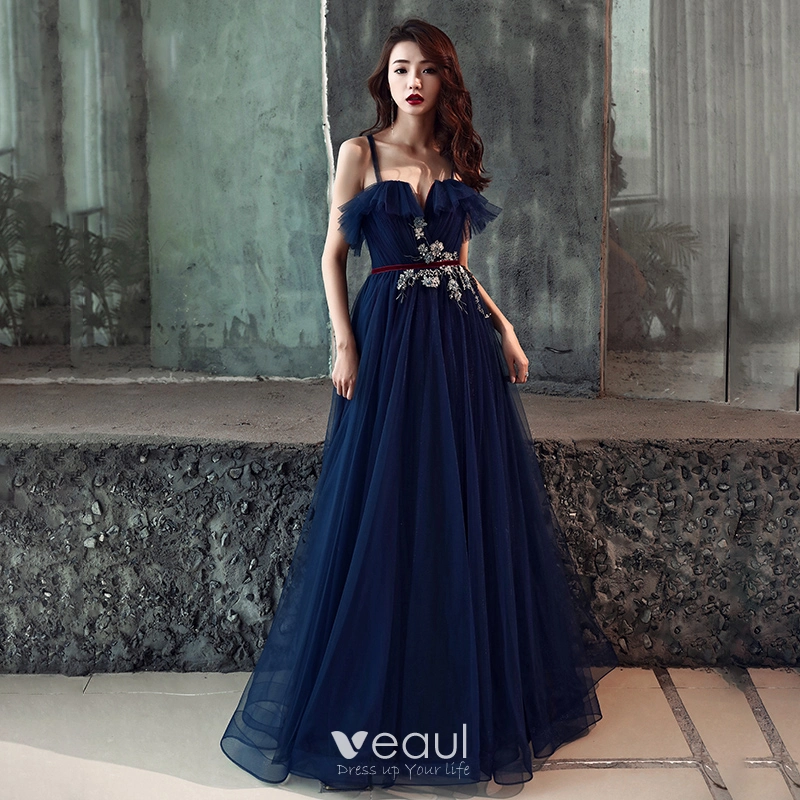 Chic / Beautiful Navy Blue Evening Dresses 2019 A-Line / Princess Spaghetti  Straps Sleeveless Sash Appliques Lace Pearl Floor-Length / Long Ruffle  Backless Formal Dresses