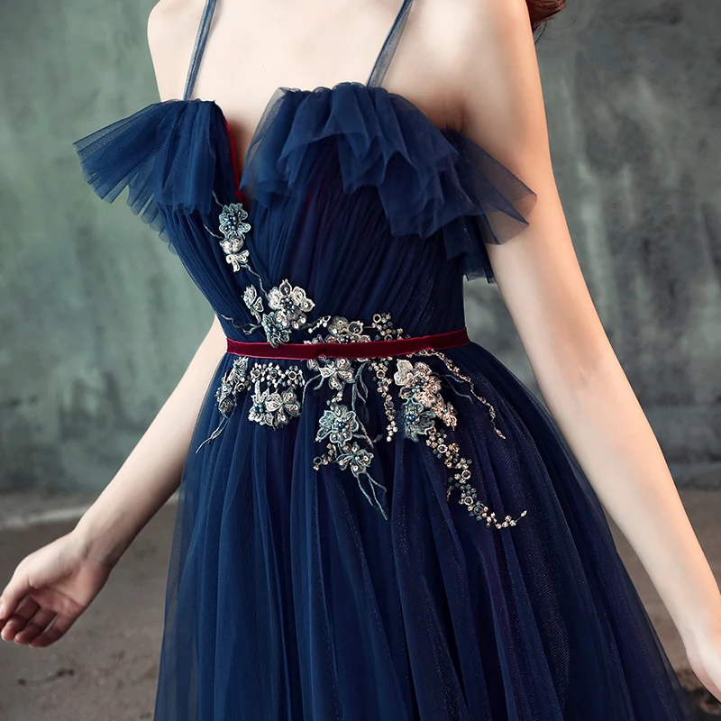 navy blue dress for baby girl ZAPAKASA Women Navy Prom Dress A Line Spaghetti Straps Party Dress with  Appliques main image 1