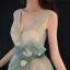 Fée Des Fleurs Vert Cendré Transparentes Robe De Soirée 2019 Princesse V-Cou Sans Manches Appliques En Dentelle Noeud Ceinture Train De Balayage Volants Dos Nu