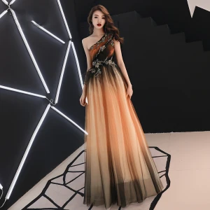 Elegant Orange Selskapskjoler 2019 Prinsesse En Skulder Uten Ermer Appliques Blonder Beading Lange Buste Ryggløse Formelle Kjoler