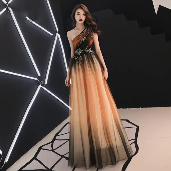 Elegant Orange Evening Dresses  2019 A-Line / Princess One-Shoulder Sleeveless Appliques Lace Beading Floor-Length / Long Ruffle Backless Formal Dresses