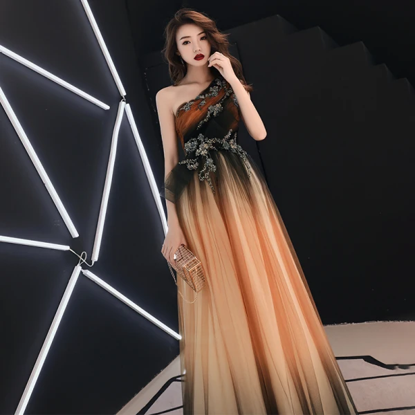 Élégant Orange Robe De Soirée 2019 Princesse Une épaule Sans Manches Appliques En Dentelle Perlage Longue Volants Dos Nu Robe De Ceremonie