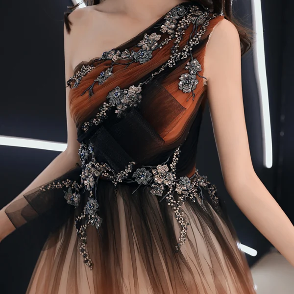 Élégant Orange Robe De Soirée 2019 Princesse Une épaule Sans Manches Appliques En Dentelle Perlage Longue Volants Dos Nu Robe De Ceremonie