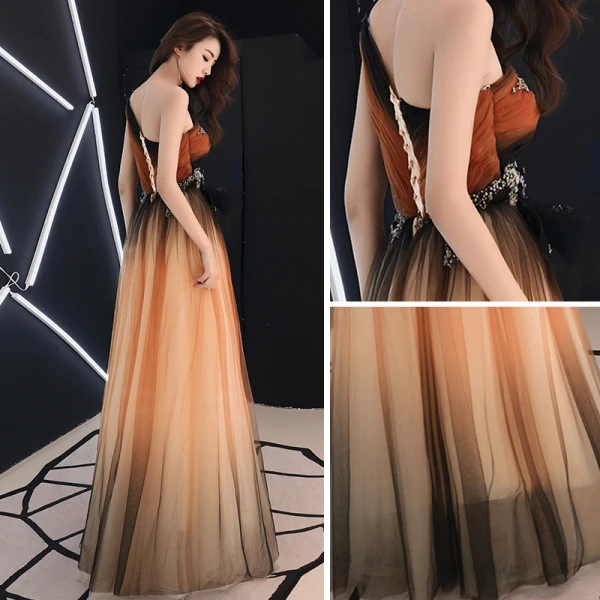 Élégant Orange Robe De Soirée 2019 Princesse Une épaule Sans Manches Appliques En Dentelle Perlage Longue Volants Dos Nu Robe De Ceremonie