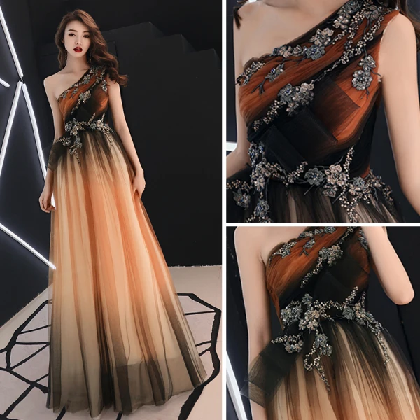 Élégant Orange Robe De Soirée 2019 Princesse Une épaule Sans Manches Appliques En Dentelle Perlage Longue Volants Dos Nu Robe De Ceremonie
