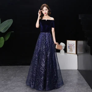 Affordable Navy Blue Suede Evening Dresses 2019 A Line Princess Off The Shoulder Short Sleeve Sash Glitter Sequins Floor Length Long Ruffle Backless Formal Dresses