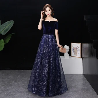 Abordable Bleu Marine Daim Robe De Soirée 2019 Princesse De L Épaule Manches Courtes Ceinture Glitter Paillettes Longue Volants Dos Nu Robe De Ceremonie