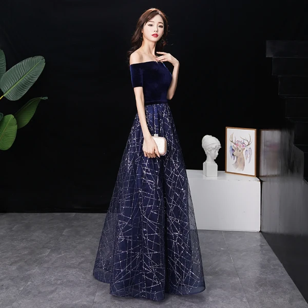 Erschwinglich Marineblau Wildleder Abendkleider 2019 A Linie Off Shoulder Kurze Ärmel Stoffgürtel Glanz Pailletten Lange Rüschen Rückenfreies Festliche Kleider