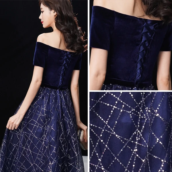 Erschwinglich Marineblau Wildleder Abendkleider 2019 A Linie Off Shoulder Kurze Ärmel Stoffgürtel Glanz Pailletten Lange Rüschen Rückenfreies Festliche Kleider