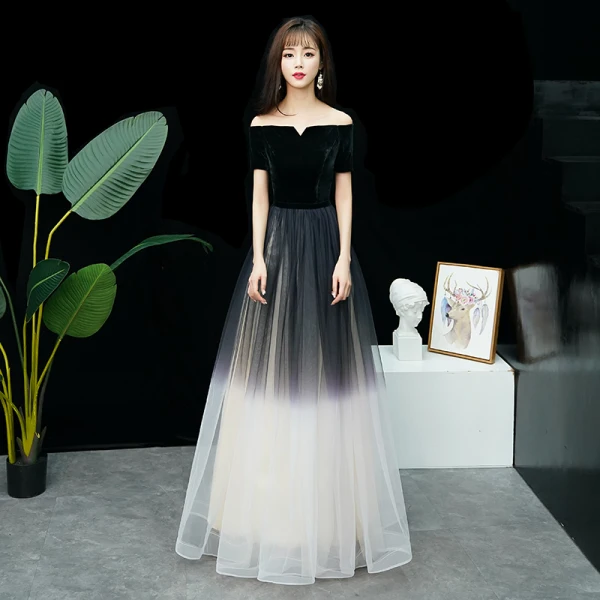 Affordable Black Gradient-Color Evening Dresses 2019 A-Line / Princess Off-The-Shoulder Short Sleeve Floor-Length / Long Ruffle Backless Formal