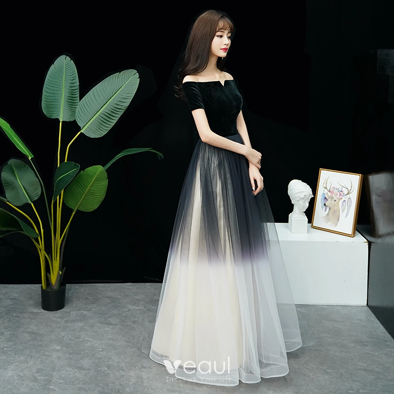 Affordable Black Gradient Color Evening Dresses 2019 A Line Princess Off The Shoulder Short Sleeve Floor Length Long Ruffle Backless Formal Dresses