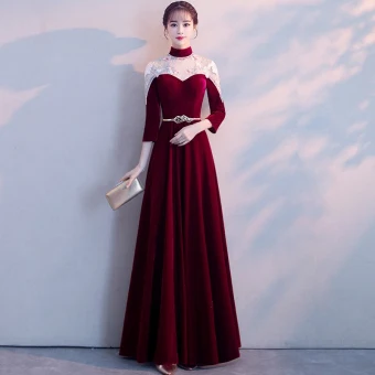 Style Chinois Bordeaux Transparentes Robe De Soirée 2018 Princesse Col Haut 3 4 Manches Appliques En Dentelle Métal Ceinture Longue Volants Robe De Ceremonie