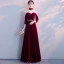 Chinese style Burgundy See-through Evening Dresses  2018 A-Line / Princess High Neck 3/4 Sleeve Appliques Lace Metal Sash Floor-Length / Long Ruffle Formal Dresses