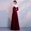Chinese style Burgundy See-through Evening Dresses  2018 A-Line / Princess High Neck 3/4 Sleeve Appliques Lace Metal Sash Floor-Length / Long Ruffle Formal Dresses