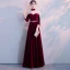 Chinese style Burgundy See-through Evening Dresses  2018 A-Line / Princess High Neck 3/4 Sleeve Appliques Lace Metal Sash Floor-Length / Long Ruffle Formal Dresses