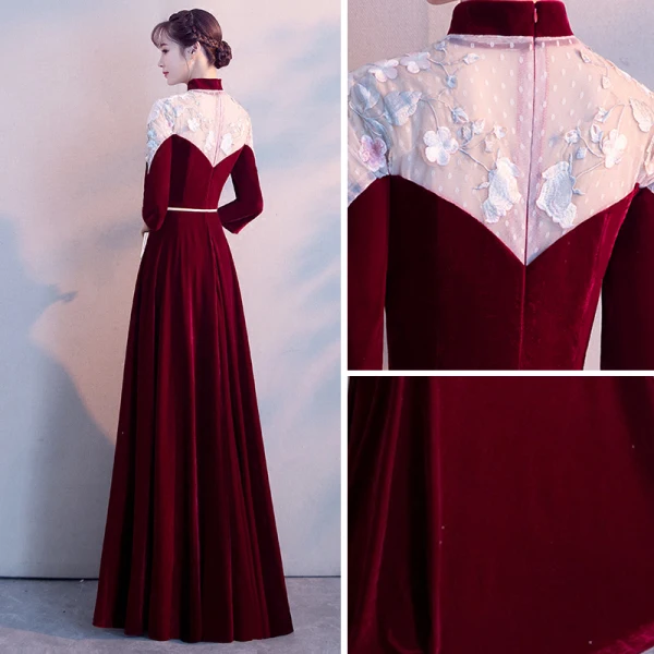 Chinese style Burgundy See-through Evening Dresses 2018 A-Line / Princess High Neck 3/4 Sleeve Appliques Lace Metal Sash Floor-Length / Long Ruffle Formal Dresses