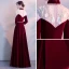 Chinese style Burgundy See-through Evening Dresses  2018 A-Line / Princess High Neck 3/4 Sleeve Appliques Lace Metal Sash Floor-Length / Long Ruffle Formal Dresses