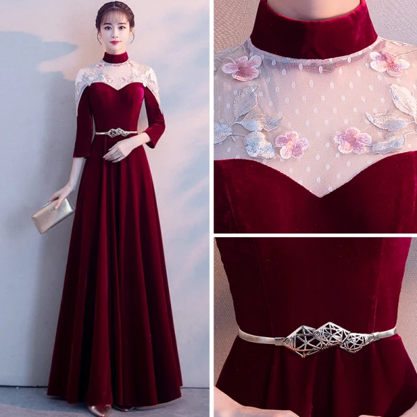 Chinese style Burgundy See-through Evening Dresses 2018 A-Line / Princess High Neck 3/4 Sleeve Appliques Lace Metal Sash Floor-Length / Long Ruffle Formal Dresses