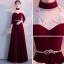 Chinese style Burgundy See-through Evening Dresses  2018 A-Line / Princess High Neck 3/4 Sleeve Appliques Lace Metal Sash Floor-Length / Long Ruffle Formal Dresses