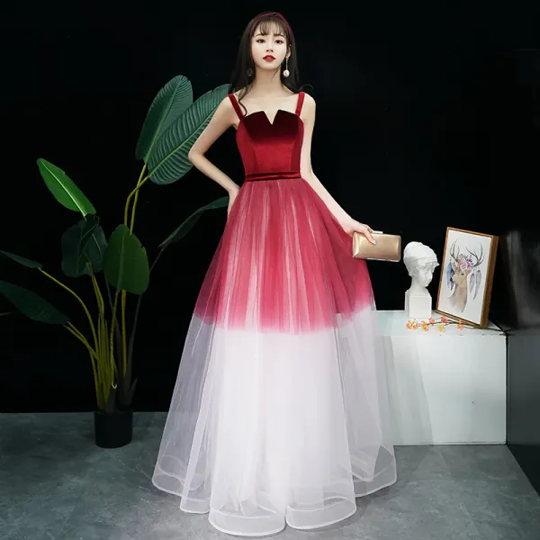 Modern / Fashion Burgundy Gradient-Color Evening Dresses  2019 A-Line / Princess Shoulders Sleeveless Sash Floor-Length / Long Ruffle Backless Formal Dresses