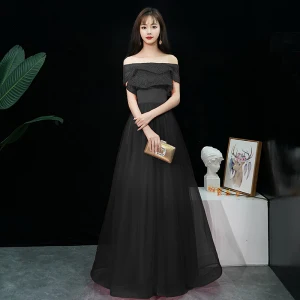 Affordable Black Evening Dresses 2019 A Line Princess Off The Shoulder Short Sleeve Floor Length Long Ruffle Backless Formal Dresses