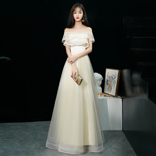 Affordable Black Evening Dresses  2019 A-Line / Princess Off-The-Shoulder Short Sleeve Floor-Length / Long Ruffle Backless Formal Dresses
