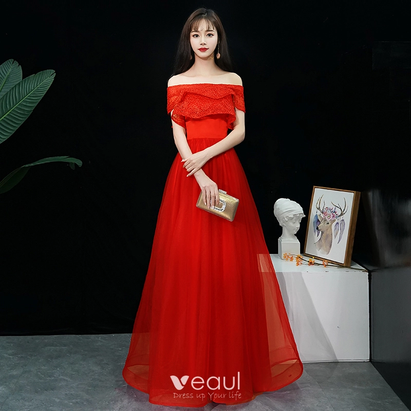 Affordable Black Evening Dresses 2019 A-Line / Princess Off-The-Shoulder Short Sleeve Floor-Length / Long Ruffle Backless Formal Dresses