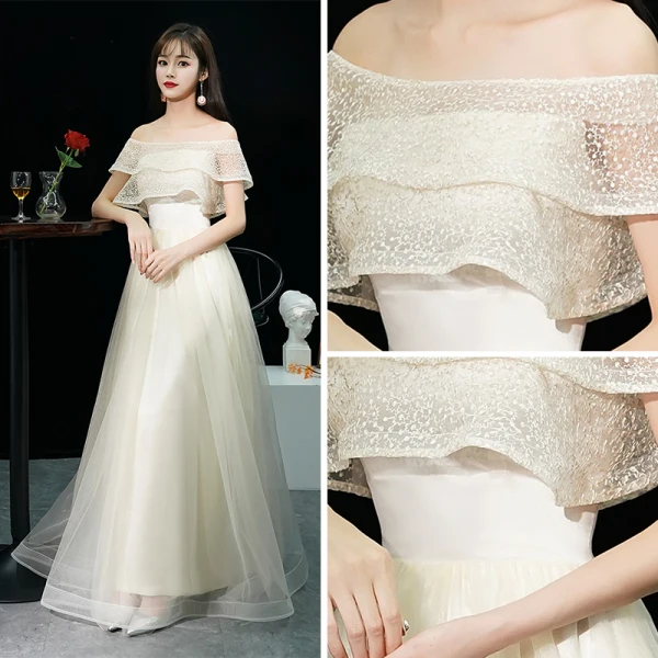 Affordable Black Evening Dresses  2019 A-Line / Princess Off-The-Shoulder Short Sleeve Floor-Length / Long Ruffle Backless Formal Dresses