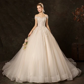 Affordable Champagne Wedding Dresses 2019 Ball Gown Off The Shoulder Short Sleeve Backless Appliques Lace Sequins Pearl Beading Chapel Train Ruffle