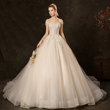 Affordable Champagne Wedding Dresses 2019 Ball Gown Off The Shoulder Short Sleeve Backless Appliques Lace Sequins Pearl Beading Chapel Train Ruffle
