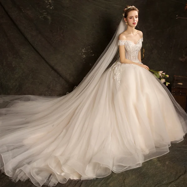 Affordable Champagne Wedding Dresses 2019 Ball Gown Off-The-Shoulder Short Sleeve Backless Appliques Lace Sequins Pearl Beading Chapel Train Ruffle