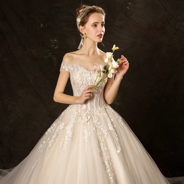 Affordable Champagne Wedding Dresses 2019 Ball Gown Off-The-Shoulder Short Sleeve Backless Appliques Lace Sequins Pearl Beading Chapel Train Ruffle