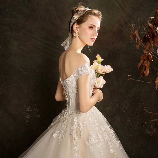 Affordable Champagne Wedding Dresses 2019 Ball Gown Off-The-Shoulder Short Sleeve Backless Appliques Lace Sequins Pearl Beading Chapel Train Ruffle