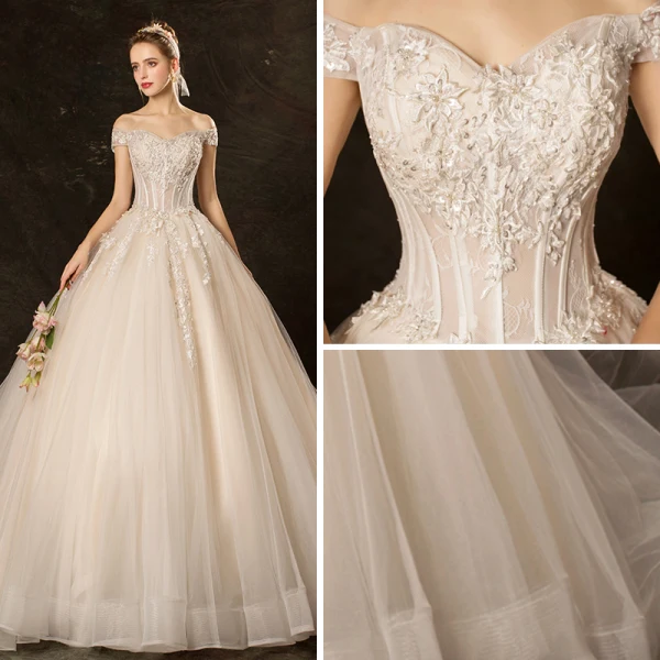 Affordable Champagne Wedding Dresses 2019 Ball Gown Off-The-Shoulder Short Sleeve Backless Appliques Lace Sequins Pearl Beading Chapel Train Ruffle