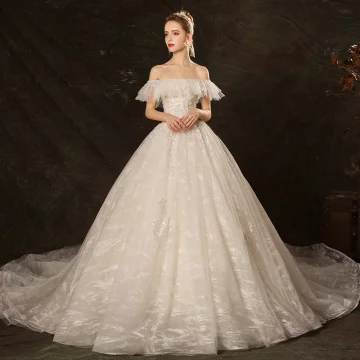 Abordable Ivoire Robe De Mariée 2019 Robe Boule De L Épaule Manches Courtes Dos Nu Appliques En Dentelle Paillettes Perlage Cathedral Train Volants