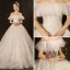 Prisvärd Elfenben Bröllopsklänningar 2019 Balklänning Av Axeln Korta ärm Halterneck Appliqués Spets Paljetter Beading Cathedral Train Ruffle