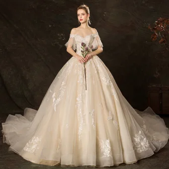 Affordable Champagne Wedding Dresses 2019 Ball Gown Off The Shoulder Bell Sleeves Backless Appliques Lace Pearl Beading Cathedral Train Ruffle