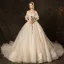 Affordable Champagne Wedding Dresses 2019 Ball Gown Off-The-Shoulder Bell sleeves Backless Appliques Lace Pearl Beading Cathedral Train Ruffle