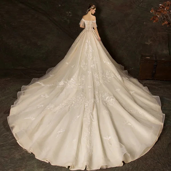 Affordable Champagne Wedding Dresses 2019 Ball Gown Off-The-Shoulder Bell sleeves Backless Appliques Lace Pearl Beading Cathedral Train Ruffle