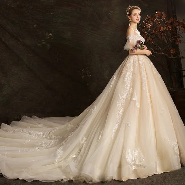 Affordable Champagne Wedding Dresses 2019 Ball Gown Off-The-Shoulder Bell sleeves Backless Appliques Lace Pearl Beading Cathedral Train Ruffle