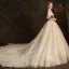 Affordable Champagne Wedding Dresses 2019 Ball Gown Off-The-Shoulder Bell sleeves Backless Appliques Lace Pearl Beading Cathedral Train Ruffle