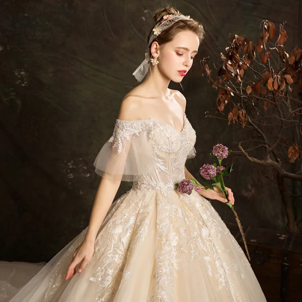 Affordable Champagne Wedding Dresses 2019 Ball Gown Off-The-Shoulder Bell sleeves Backless Appliques Lace Pearl Beading Cathedral Train Ruffle